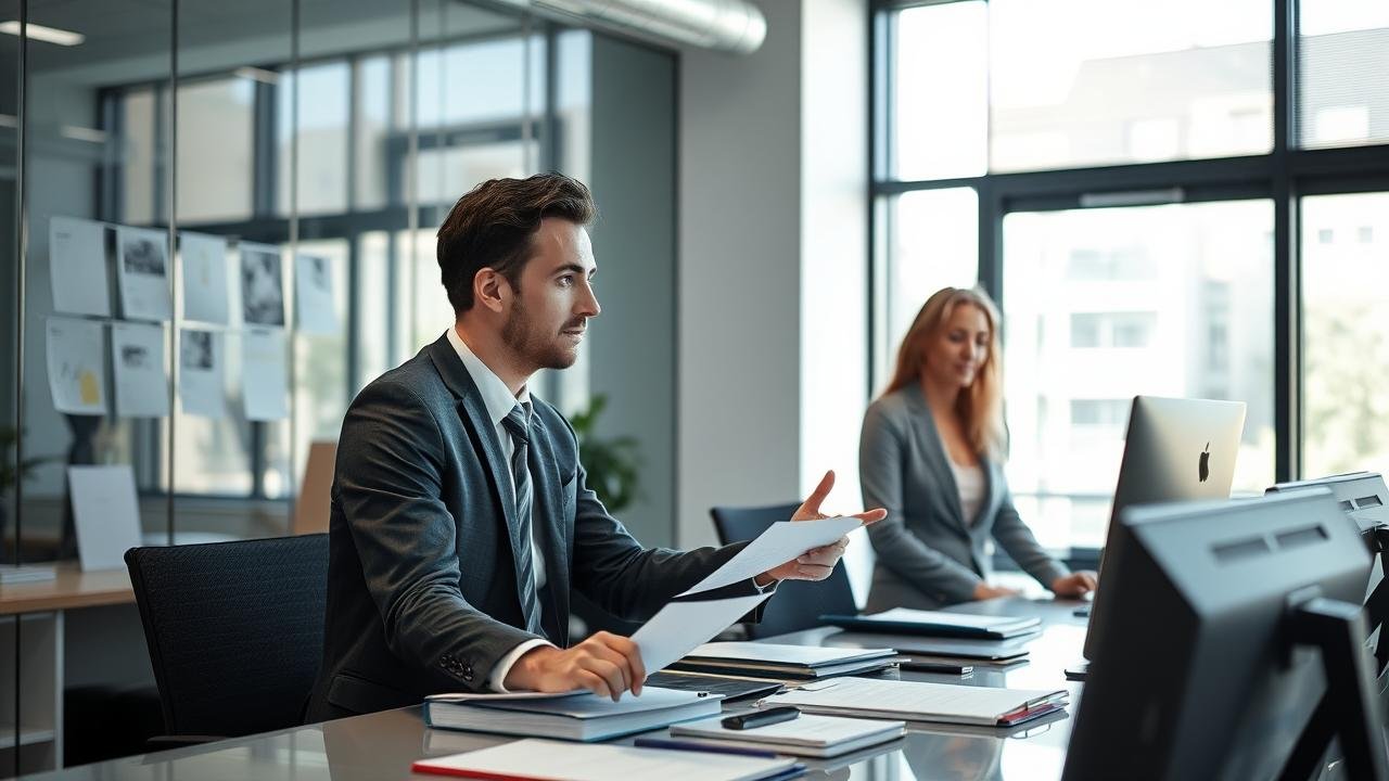Agent commercial multicarte discutant avec plusieurs clients dans un bureau moderne, entouré de dossiers et d'ordinateurs, avec une lumière naturelle pénétrant par une grande fenêtre.
