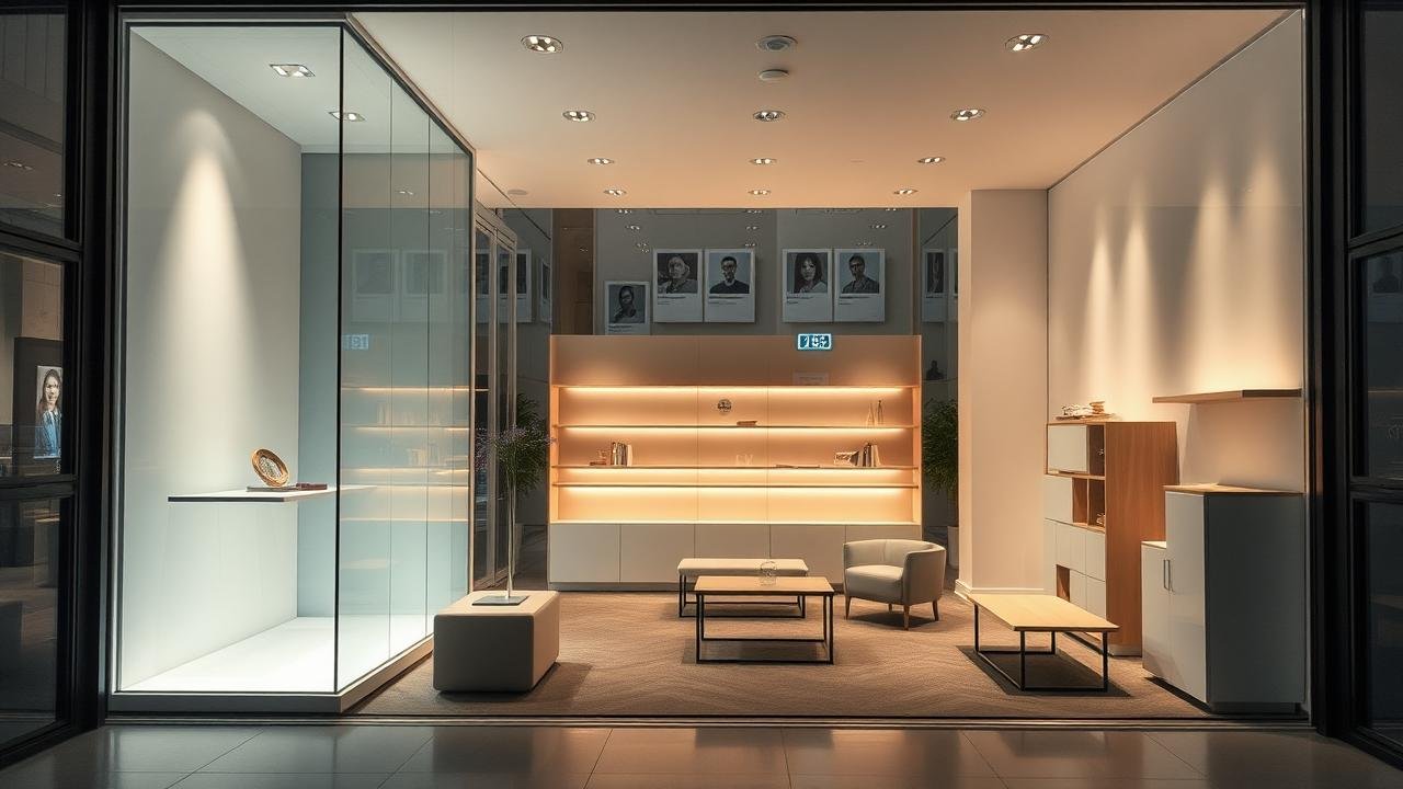 Espace commercial vide et moderne avec vitrine en verre et meubles minimalistes, illustrant un bail précaire commercial dans un quartier urbain animé.