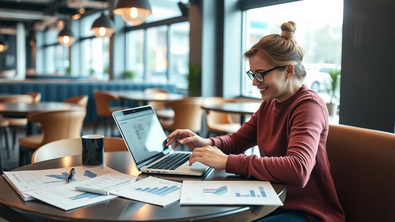 Personne enthousiaste consultant une plateforme de crowd equity sur un ordinateur portable à une table de café, entourée de graphiques d'actions et de documents financiers, dans une ambiance moderne et collaborative.