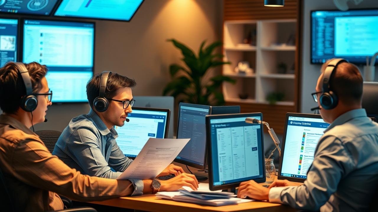 Équipe de support client collaborant autour d'ordinateurs, avec des documents et des écrans affichant le ticketing, illustrant une ambiance d'efficacité et de travail d'équipe.