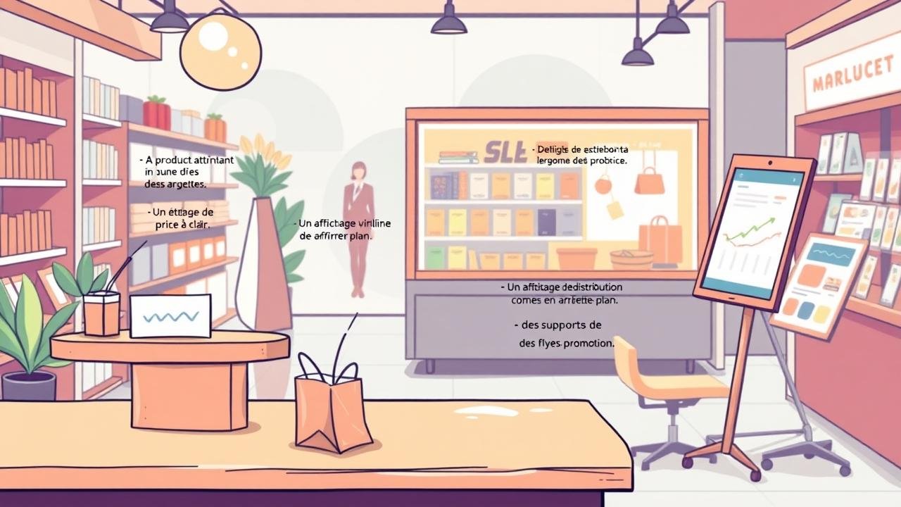 Image illustrant le marketing mix avec un produit attrayant sur une table, un étiquetage de prix clair, une vitrine de magasin en arrière-plan et des supports de promotion comme des affiches, le tout dans un environnement dynamique et accueillant.
