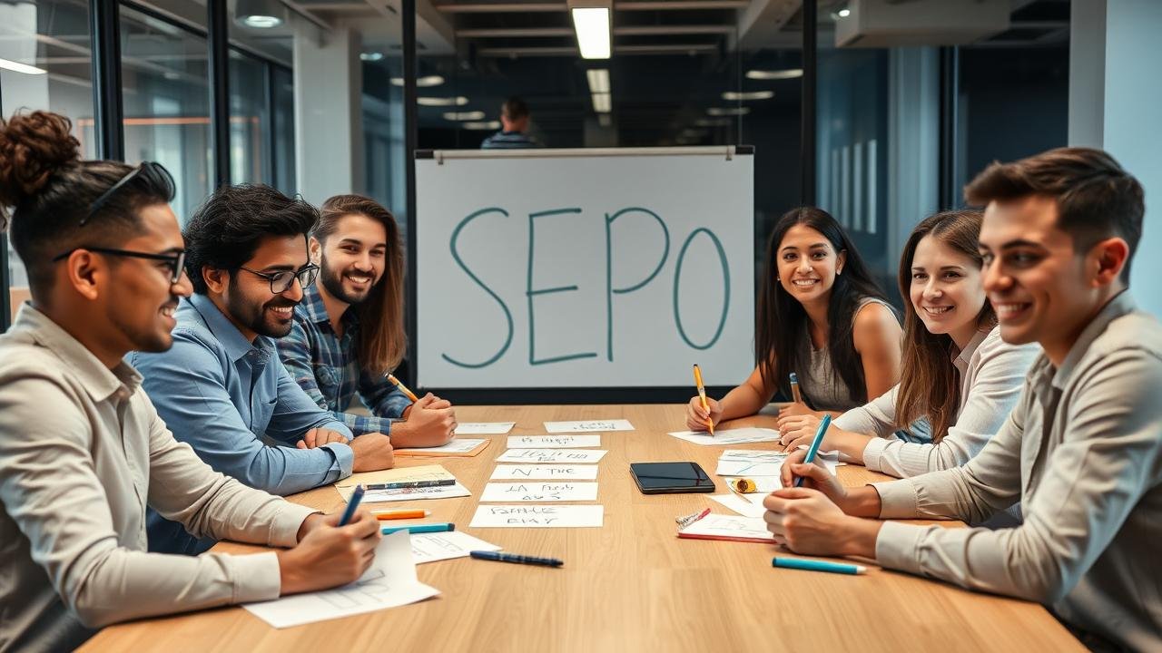 Équipe diverse en séance de brainstorming autour d'une table, utilisant la matrice SEPO, avec des expressions concentrées et enthousiastes dans un bureau moderne.