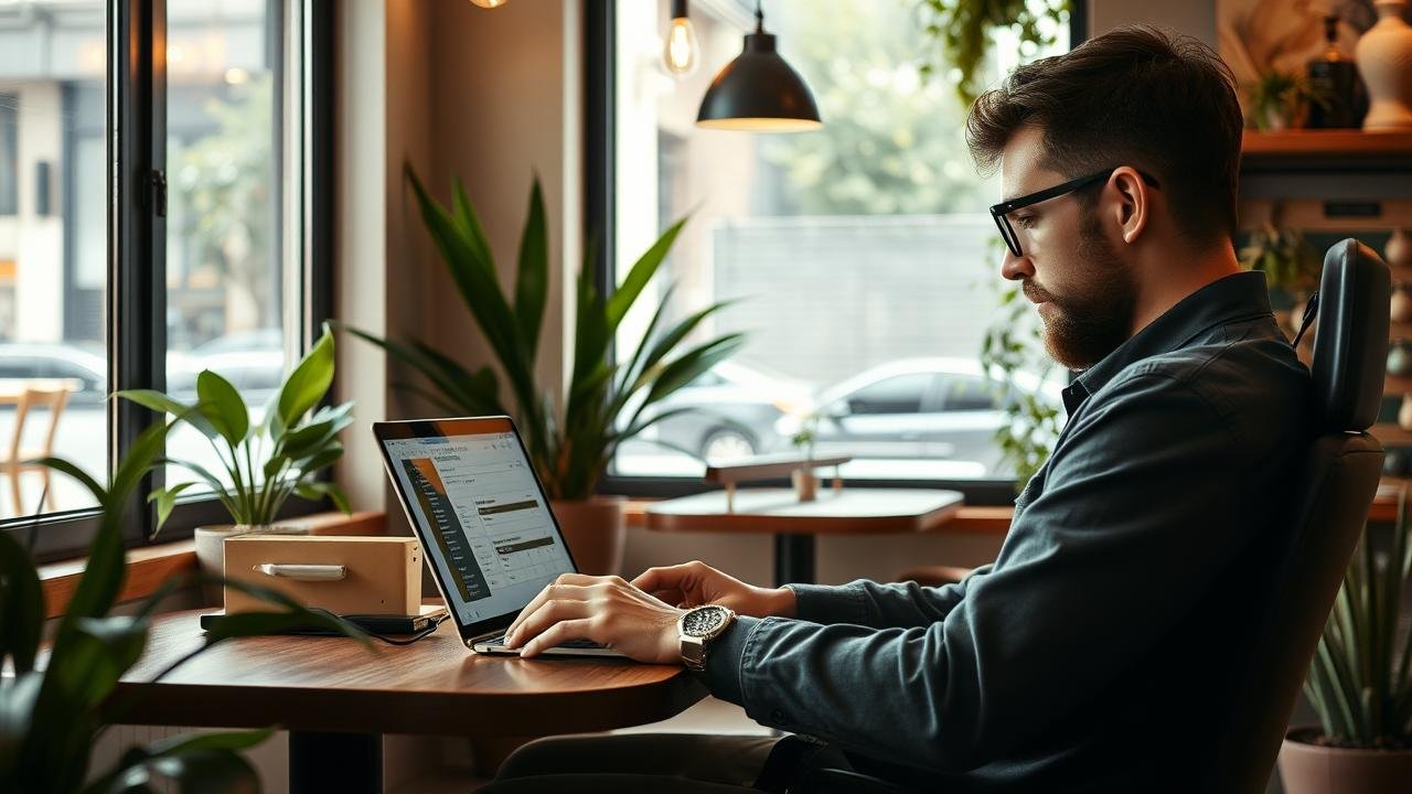auto-entrepreneur travaillant sur son ordinateur portable dans un café lumineux, entouré de plantes, avec des factures et des devis visibles à l'écran, illustrant le quotidien des travailleurs indépendants et des avis sur myae.