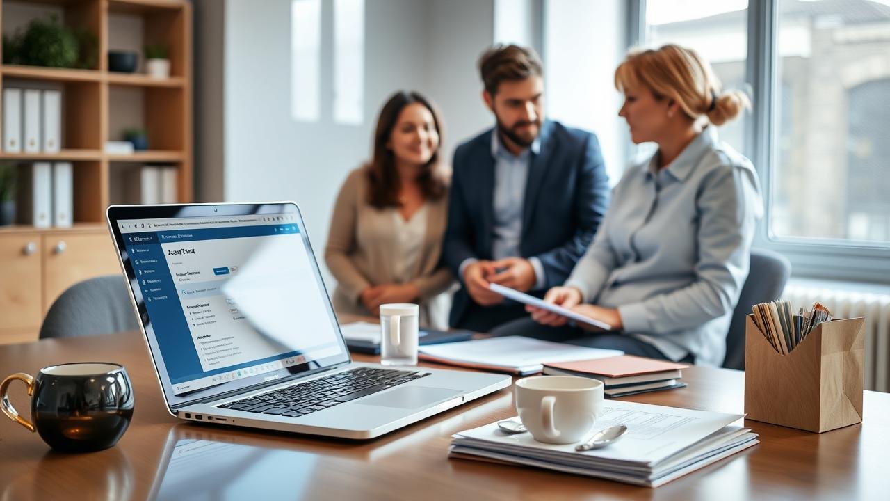Bureau moderne avec un ordinateur portable affichant une interface d'assurance en ligne, une tasse de café et des documents organisés, tandis que des personnes discutent amicalement avec un conseiller, illustrant orus avis sur les services d'assurance.