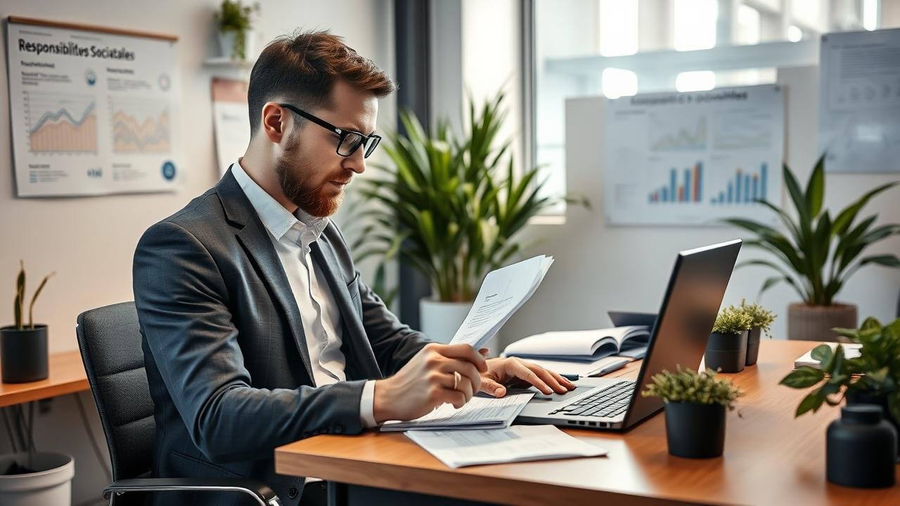 Professionnel analysant des données sur un ordinateur portable dans un bureau moderne, entouré de documents sur les outils RSE, avec des graphiques sur le mur et des plantes vertes, dans une ambiance collaborative.