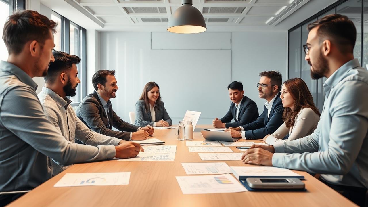 Réunion d'équipe dans un bureau moderne avec des salariés et dirigeants échangeant des idées, entourés de graphiques et documents financiers, illustrant une collaboration sur la prime de bilan dans une ambiance motivante et lumineuse.