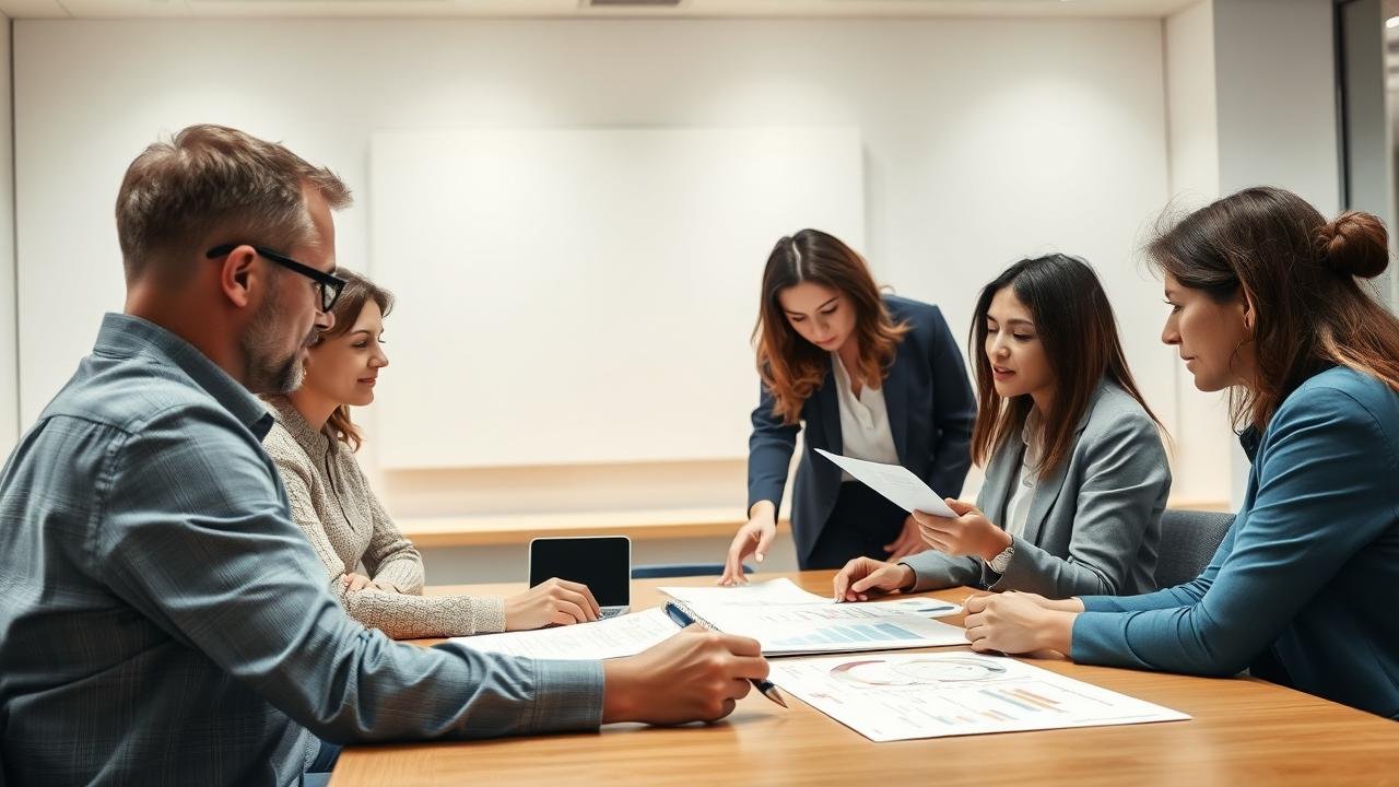 groupe de personnes discutant autour d'une table dans un bureau moderne et lumineux, examinant des documents financiers et des graphiques, illustrant une société transparente, avec un tableau blanc en arrière-plan.