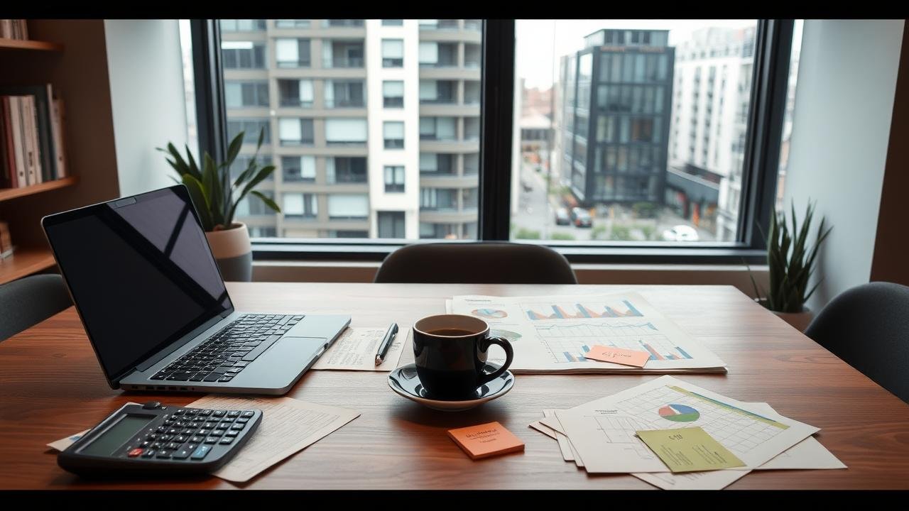 Bureau moderne avec des documents fiscaux éparpillés sur une table, une calculatrice et un ordinateur portable affichant des graphiques de ventes, illustrant un environnement propice à l'achat en franchise de TVA, le tout avec une vue sur un quartier d'affaires animé.