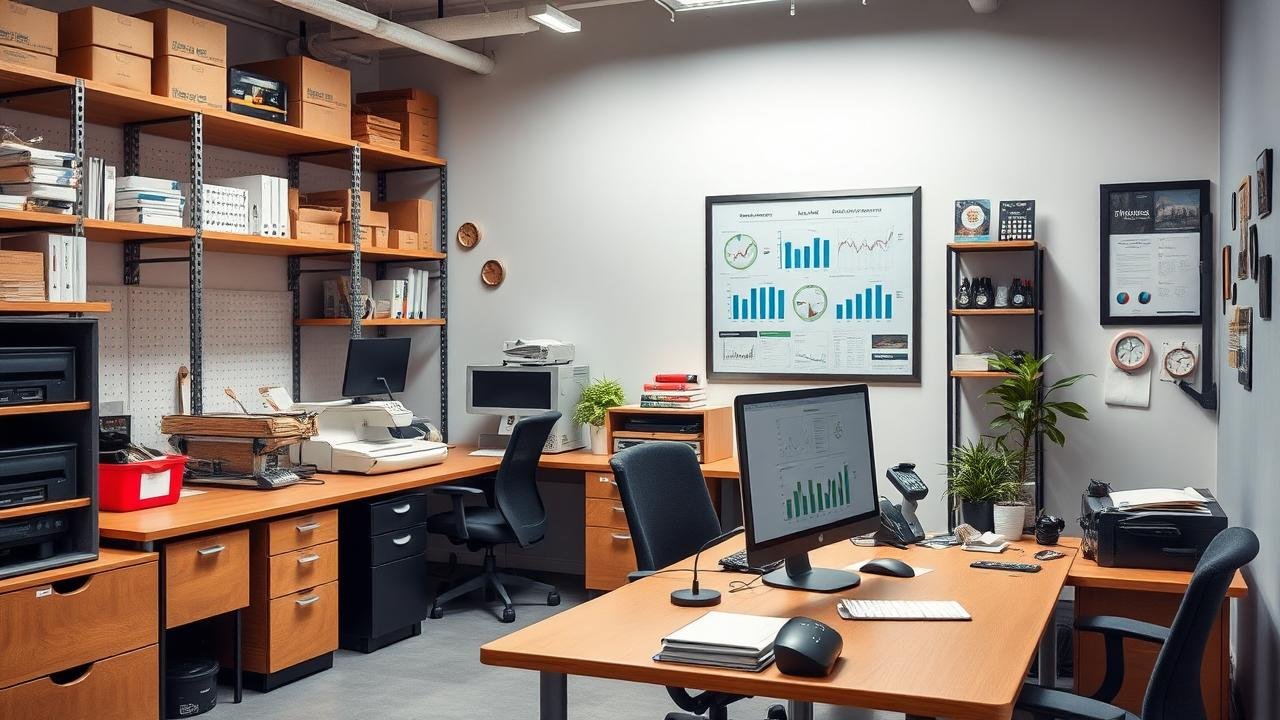Bureau d'entreprise moderne illustrant un actif social, avec un local commercial, des étagères de stocks, des machines-outils, un ordinateur affichant des graphiques financiers et un cadre de brevets accrochés au mur, le tout dans une ambiance dynamique et professionnelle.