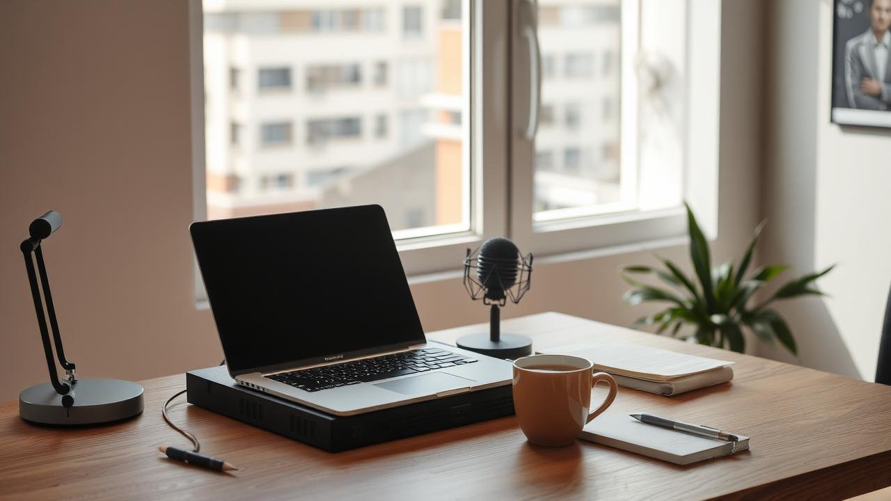 Bureau moderne avec un ordinateur portable affichant Amberscript, un microphone à côté, une tasse de café fumante, des notes éparpillées et une fenêtre laissant entrer la lumière naturelle, illustrant un environnement de travail créatif.