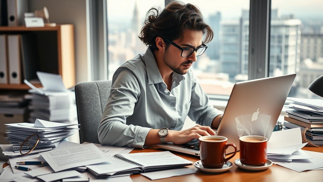 Bureau moderne en désordre avec une personne travaillant sur un ordinateur, des papiers éparpillés, une montre affichant des heures imprévisibles, une tasse de café renversée représentant le stress, et une fenêtre floue sur la ville, illustrant les inconvénients de l'annualisation du temps de travail.
