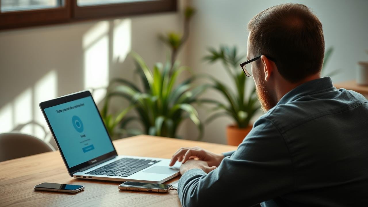 Utilisateur assis devant un ordinateur portable dans un cadre lumineux, installant un logiciel de contrôle à distance, avec l'écran montrant un téléchargement d'AnyDesk gratuit, smartphone à côté et plantes en arrière-plan.