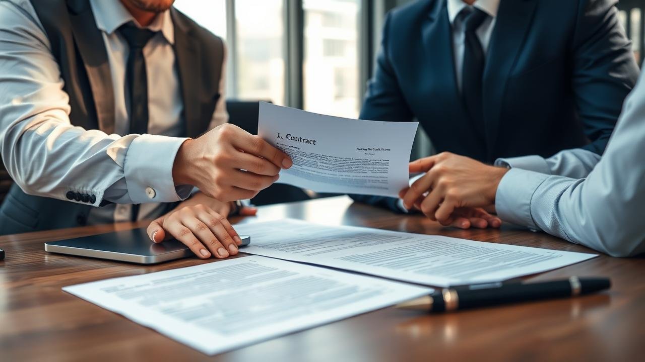 Bureau moderne où un professionnel présente un contrat à un associé, avec un ordinateur portable et des documents, évoquant l'apport en jouissance et une ambiance de collaboration sous une lumière naturelle.