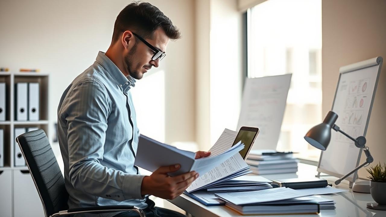 Entrepreneur dans un bureau moderne entouré de documents administratifs et d'un ordinateur portable, consultant des informations sur l'aide à la création d'entreprise, avec lumière naturelle et éléments de créativité, représentant l'esprit d'initiative d'ARCE.