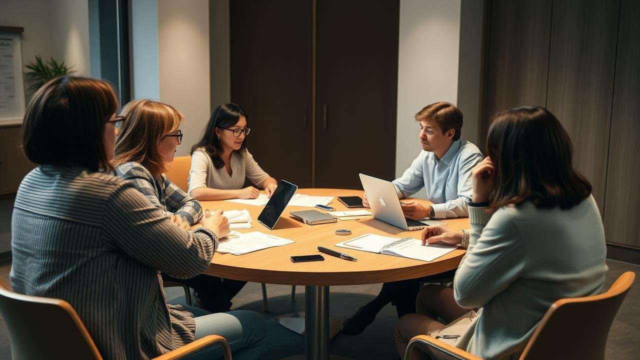 Réunion d'association sans président avec des participants discutant autour d'une table, entourés de documents et d'ordinateurs portables dans une ambiance collaborative et lumineuse.