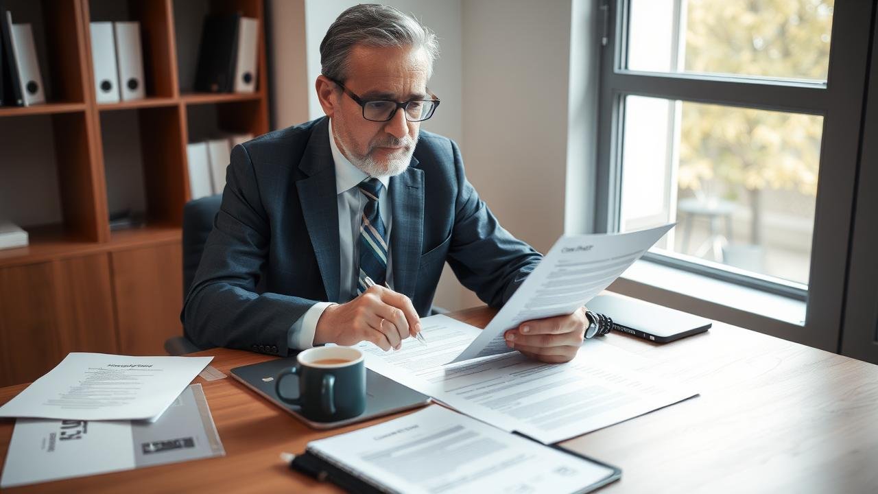 Expert-comptable examinant un contrat important sur une table d'office, entouré de documents et d'un ordinateur portable, mettant en lumière l'importance de l'audit contractuel dans une atmosphère sereine.