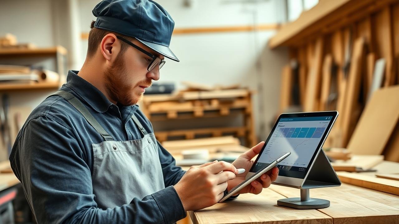 Artisan menuisier sur un chantier moderne utilisant un logiciel de gestion sur une tablette, entouré d'outils et matériaux, illustrant une ambiance productive, avec des avis obat visible sur l'écran.