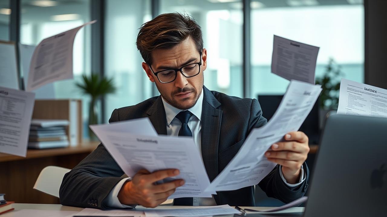 associé d'entreprise en colère dans un bureau moderne, entouré de papiers éparpillés évoquant une rupture difficile avec des contrats et des clauses, illustrant le concept de bad leaver dans une atmosphère tendue.