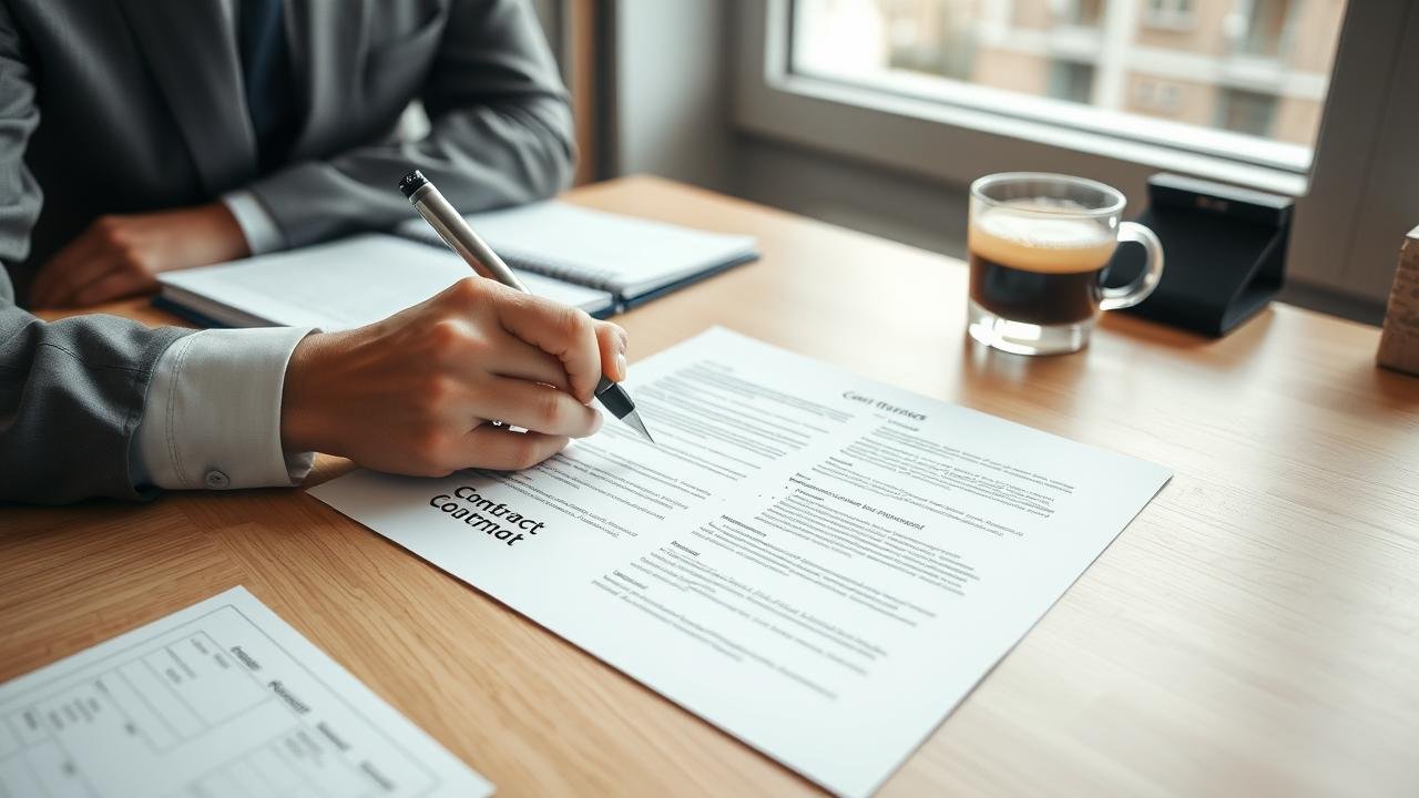 Bureau organisé avec un contrat et un devis sur la table, une main signant un document avec un stylo, une tasse de café à côté, lumière naturelle entrant par la fenêtre, créant une atmosphère professionnelle et accueillante, illustrant un moment crucial où le document est prêt à être marqué « bon pour accord ».