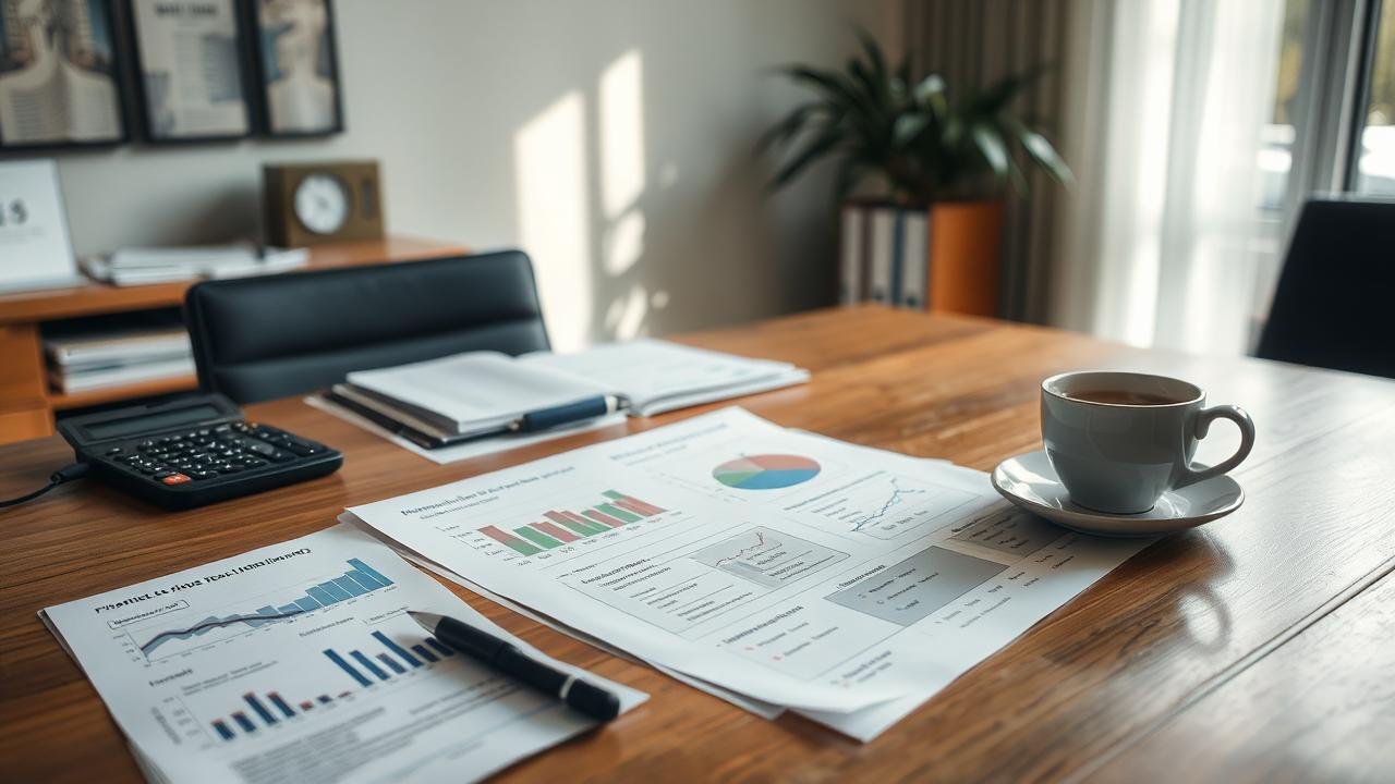Bureau d'entreprise avec documents financiers éparpillés, incluant graphiques sur le boni de liquidation calcul, calculatrice et café, sous une lumière naturelle douce.