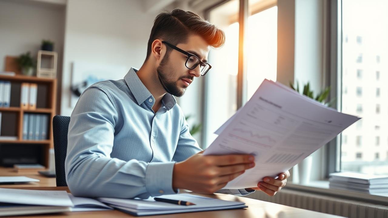 Jeune entrepreneur dynamique examinant des documents financiers dans un bureau moderne, entouré de graphiques et notes, avec lumière naturelle entrant par une grande fenêtre, symbolisant la croissance d'une startup centrée sur le bsa air.
