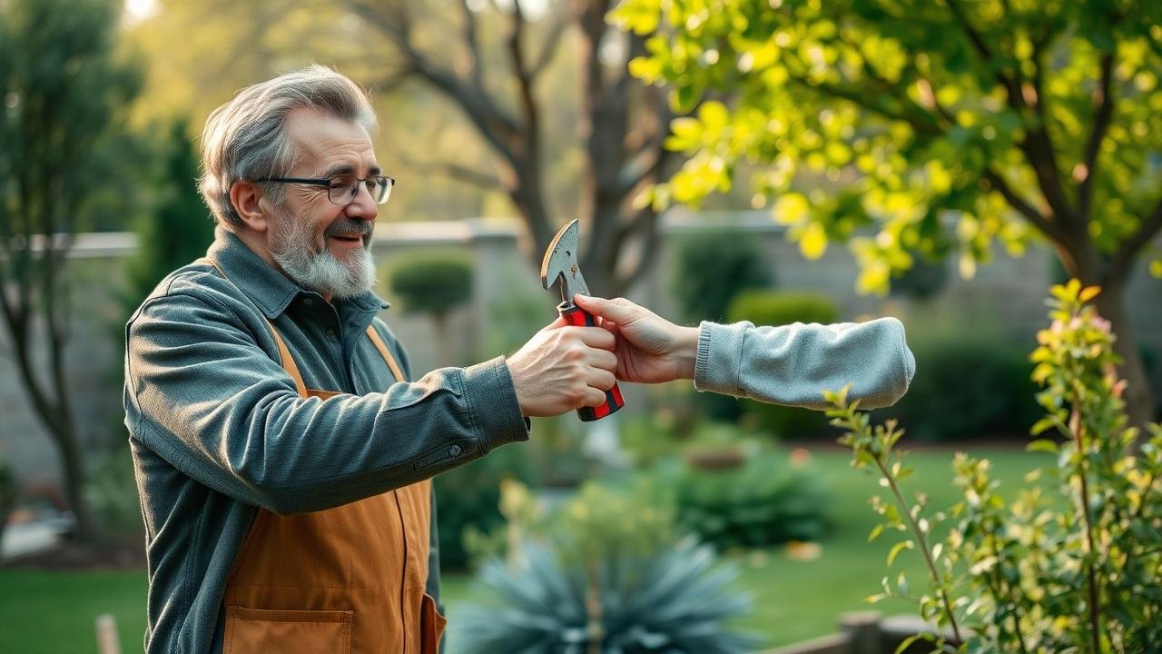 Personne prêtant un outil de chantier à un ami dans un jardin chaleureux, entouré d'arbres, illustrant un acte de commodat et de partage amical.