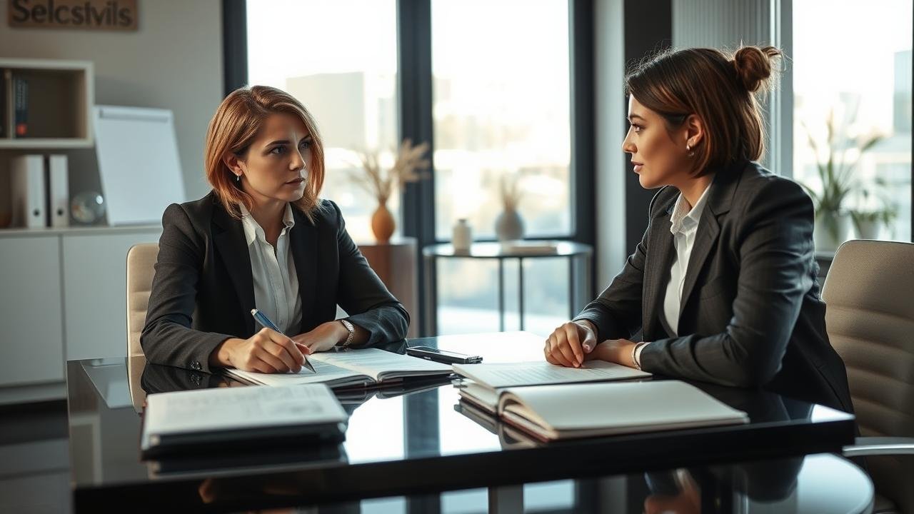 Scène de négociation entre deux personnes dans un bureau moderne, avec des documents ouverts sur la table, éclairage naturel et un décor soigné, illustrant un futur contrat de gré à gré.