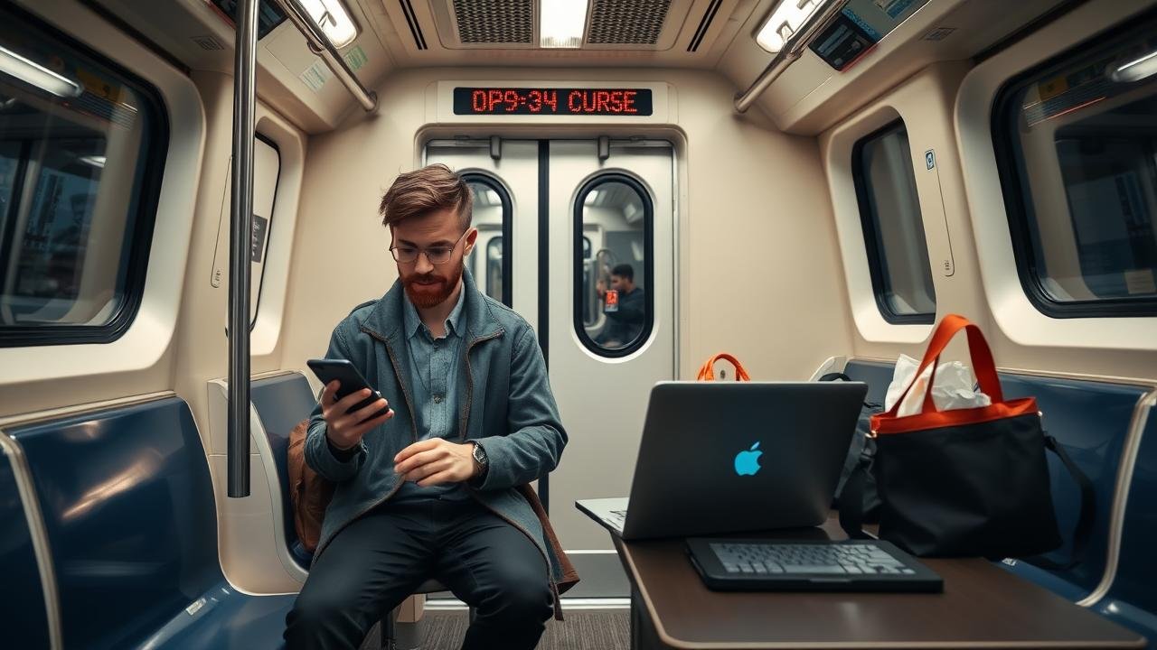 Personne utilisant son smartphone dans le métro, consultant un ordinateur portable sur un bureau proche, avec des sacs de courses visibles, illustrant la définition omnicanal d'une expérience d'achat fluide et connectée, accompagnée d'une tablette.