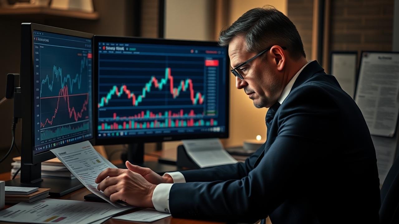 Cadre d'entreprise en costume observant pensivement des graphiques boursiers sur un écran d'ordinateur, entouré de documents financiers, évoquant le délit d'initié dans une ambiance de tension et de mystère.