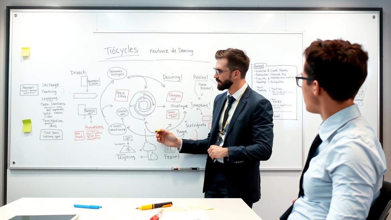 Professionnel concentré travaillant sur un tableau blanc rempli de schémas et annotations du deming cycle, dans une salle de réunion moderne, entouré d'outils de bureau collaboratifs.