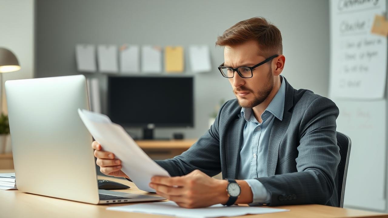 Employé en CDD assis à un bureau, regardant un document avec une expression préoccupée, symbolisant la difficulté de la démission contrat à durée déterminée, avec un ordinateur et des notes en arrière-plan.