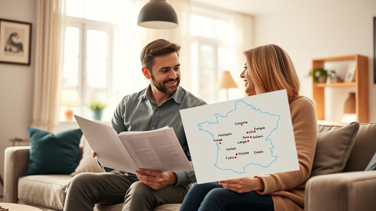 Couple discutant dans un salon lumineux, l'un tenant des documents d'emploi et l'autre observant une carte de France marquée, illustrant la décision de démissionner pour suivre son conjoint, avec une ambiance chaleureuse et moderne.