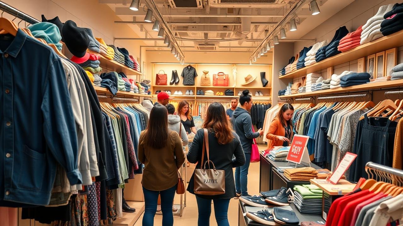 Magasin de vêtements animé pendant une vente avec des clients examinant des articles et des vendeurs aidant, illustrant un indice de vente dynamique et engageant.
