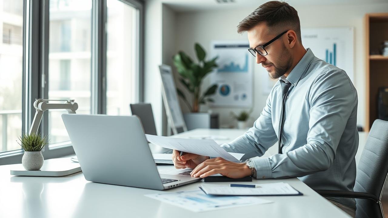 Bureau moderne d'un chef d'entreprise analysant des documents financiers, entouré de graphiques et de calculatrices, avec un ordinateur portable affichant des logiciels de comptabilité, illustrant l'importance de la réintégration fiscale, lumière naturelle entrant par la fenêtre.