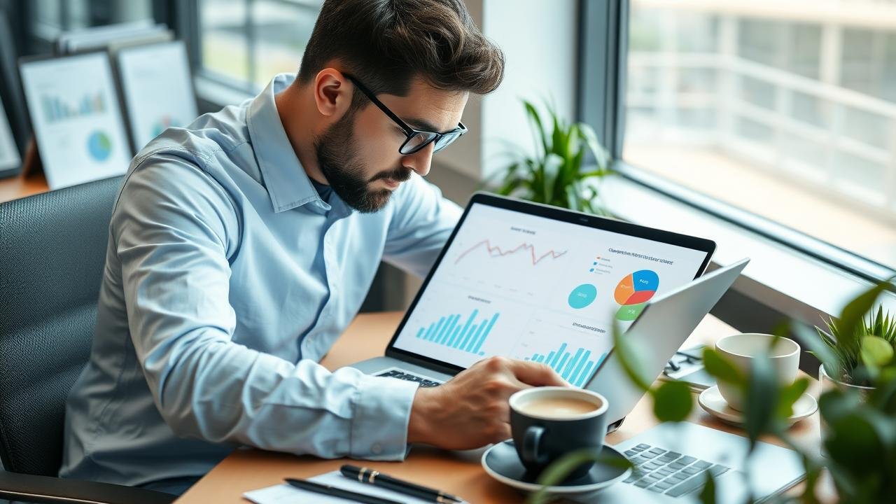Professionnel en tenue formelle analysant des graphiques et des chiffres sur un ordinateur portable dans un bureau moderne, entouré de documents, d'une tasse de café et d'une plante verte, illustrant le processus d'évaluation des retours sur investissement.