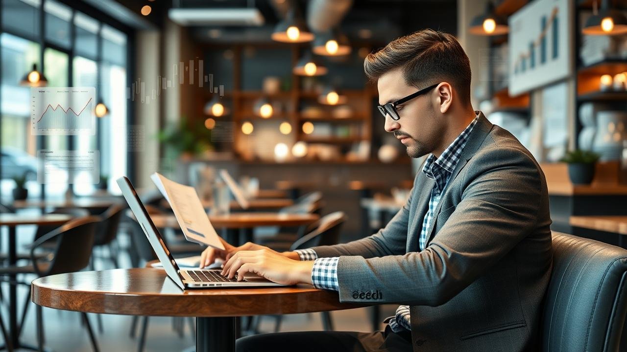 Entrepreneur travaillant sur son ordinateur portable dans un café moderne, entouré de graphiques, notes de calcul, factures et chiffres d'affaires, illustrant les défis liés aux seuils micro-entreprise dans un environnement à la fois professionnel et détendu.